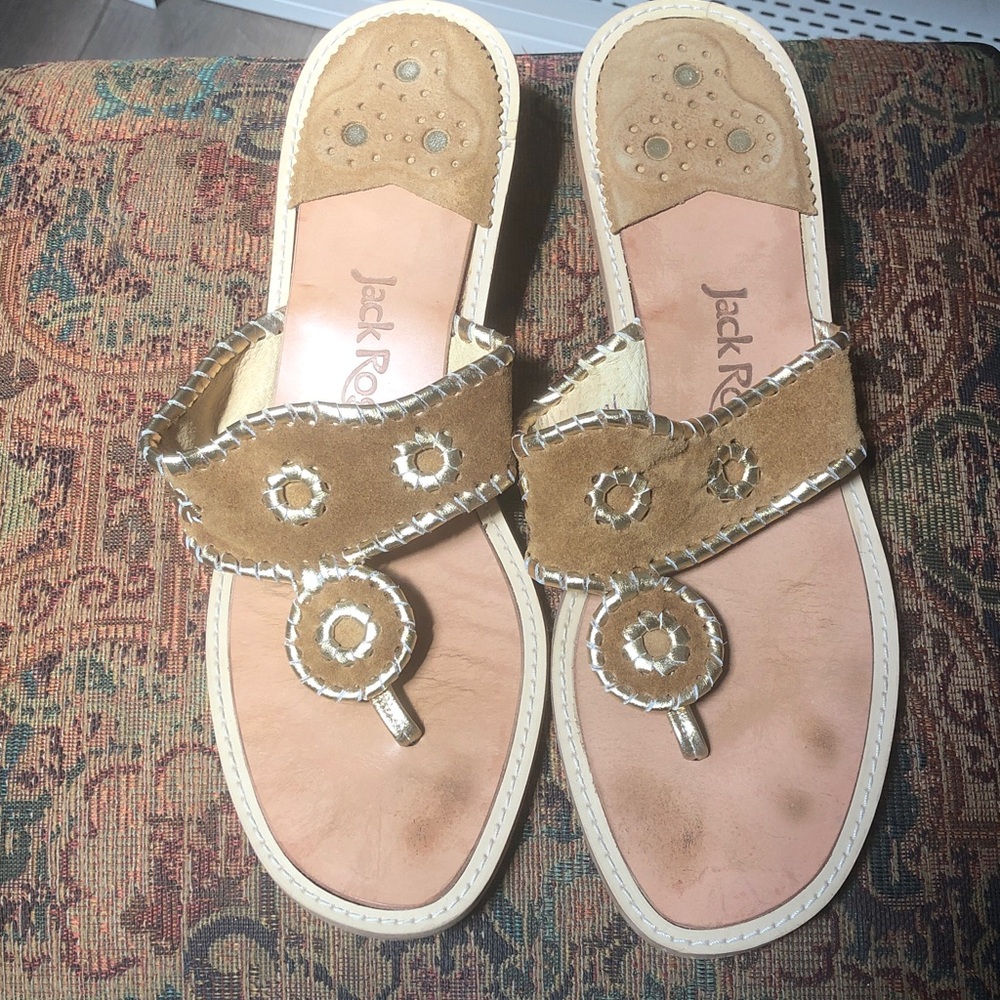 Jack Rogers Tan Suede Whipstitch Thong Sandals